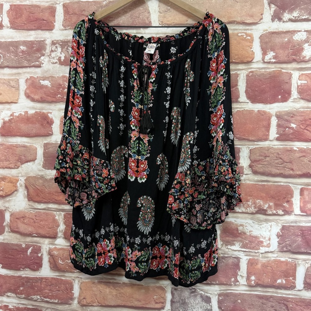 Bila Tunic Top Women's XXL Black Multicolor Boho Floral Crinkle Casual Shirt - Picture 3 of 9